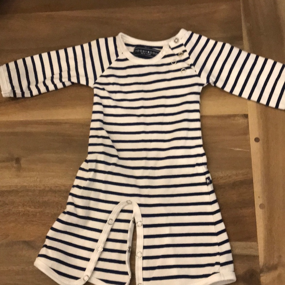 Tooby Doo blue and white striped onesie